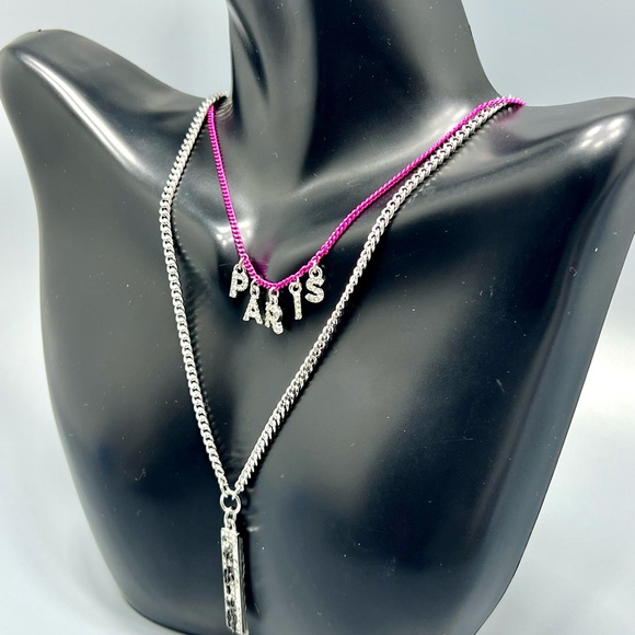 Karl Lagerfeld Paris Two Tone Pave Pink Paris Layered Signature Pendant Necklace - Picture 2 of 6